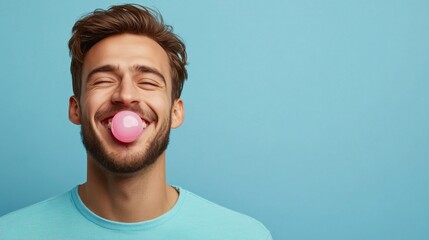 Smiling Man Blowing Bubble Gum on Light Blue Background Close-up