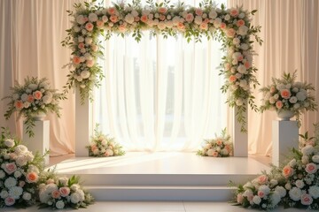 Wedding Ceremony Setup with Floral Arch and White Curtains