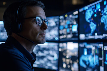 A cybersecurity expert with a headset, scanning multiple digital screens showing real-time threat alerts and network vulnerabilities in a command center