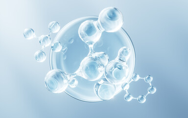 Molecule and water bubble, 3d rendering.