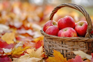 Red Apples in a Wicker Basket on a Bed of Autumn Leaves