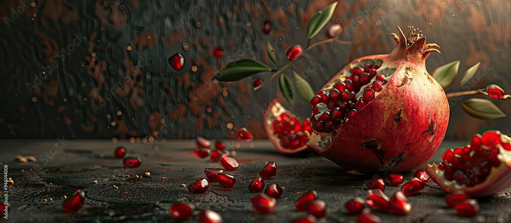 Poster pomegranate burst open with seeds on a textured surface featuring copy space