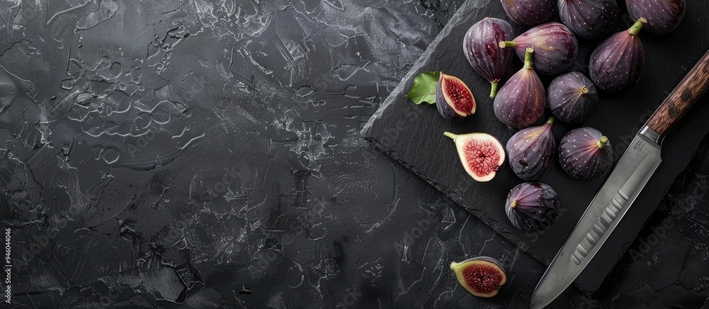 Poster figs on a dark stone table with a knife viewed from above ripe figs on a black surface or background