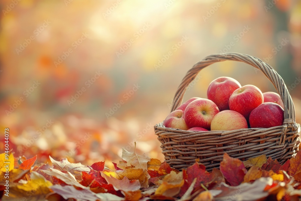 Poster wicker basket filled with red apples resting on autumn leaves