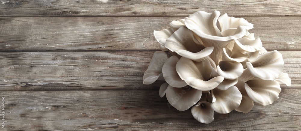 Poster oyster mushrooms clustered on a wooden surface. copy space image. place for adding text and design