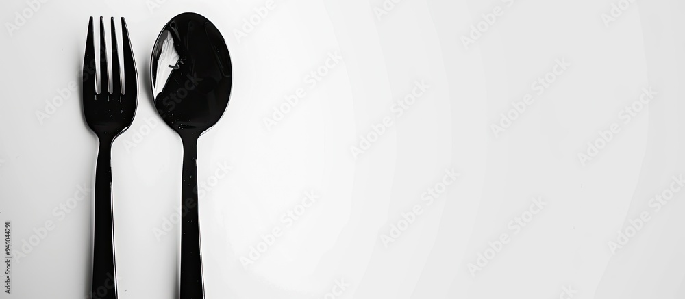 Poster basic image of a spoon and fork against a white background. copy space image. place for adding text 