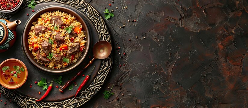 National Uzbek pilaf with meat displayed on a table in the Uzbek style featuring an oriental design with a teapot and a cup for tea Top view copy space flat lay High quality photo