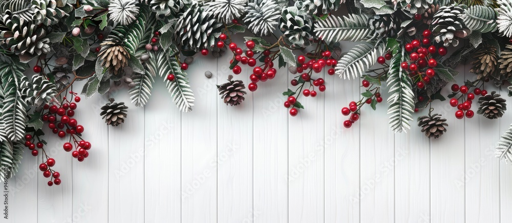 Poster spruce branches cones and red berries set against a white wooden backdrop a background for christmas