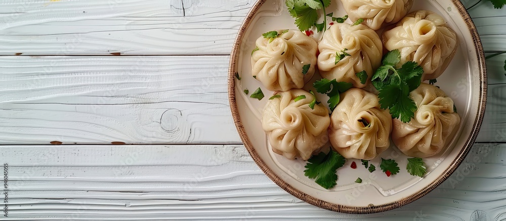 Poster close up view of tasty khinkali with cilantro on a plate on a white wooden table. copy space image. 