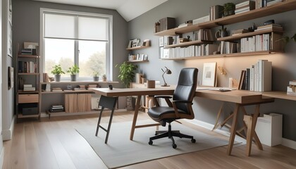 A modern home office with a large wooden desk, a comfortable office chair, and built-in shelves displaying books and decor.