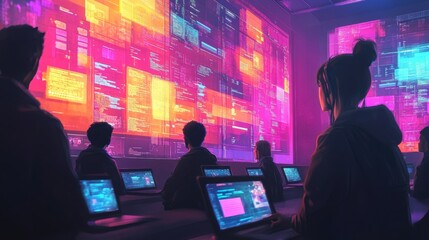 Hacker Group Working in Neon Lit Room with Code on Screen