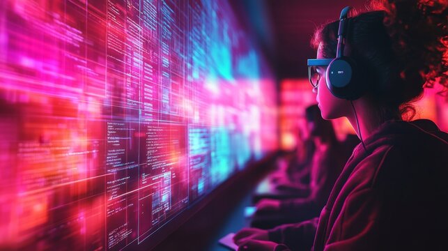 Female Programmer with Headphones Looking at Code on Screen in Neon Light