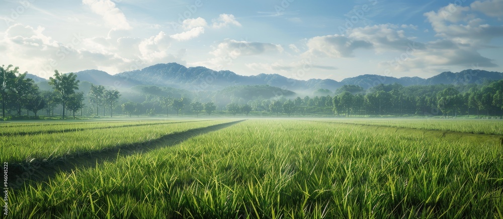 Poster paddy rice farmland. copy space image. place for adding text and design