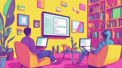 Two People Working on Laptops in a Colorful Room with Bookshelves