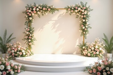 White Circular Stage Decorated with Pink and White Roses