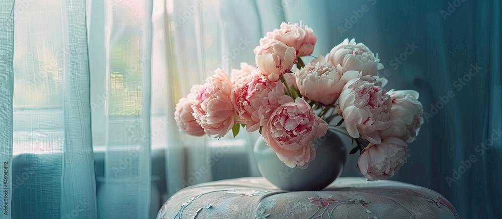Poster bouquet of lovely peonies on a pouf indoors room for text. copy space image. place for adding text a