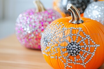 group of decorative pumpkins adorned with various sparkling gemstones and rhinestones