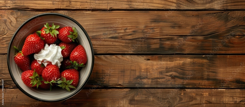 Poster tasty strawberries with whipped cream presented on a wooden table flat lay area for text. copy space