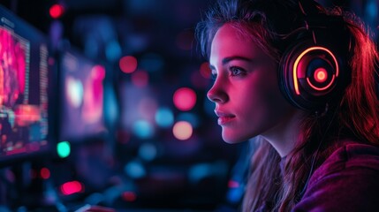 Woman Gamer with Headphones and Neon Lights