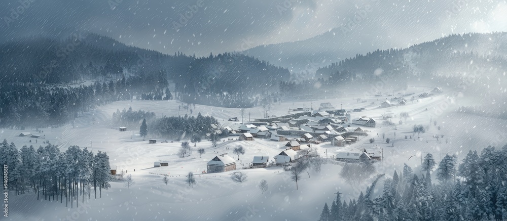 Poster aerial view of a small village in snowy mountains under overcast weather during a snowstorm. copy sp