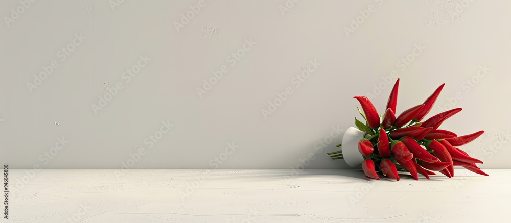 Poster a bunch of red chillies on a white table with room for text. copy space image. place for adding text