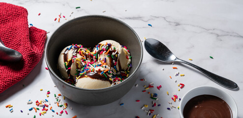Vanilla Ice Cream in Bowl on Marble Countertop