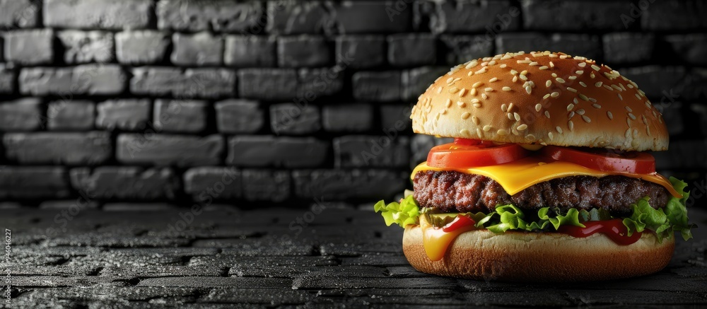 Poster large cheeseburger loaded with cheese stock photo side view of a cheeseburger against a black brick 