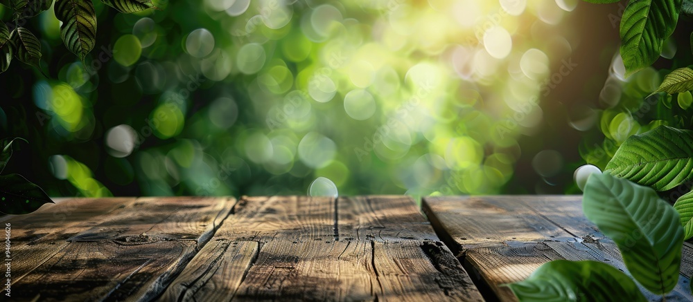 Poster close up image of a wooden table with a blurred green natural background. copy space image. place fo