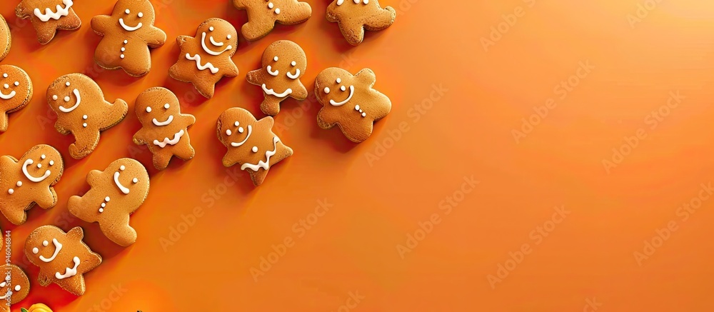 Canvas Prints Fresh Halloween gingerbread cookies on an orange background Fun tasty ginger biscuits for Halloween in a horizontal top view. Copy space image. Place for adding text and design