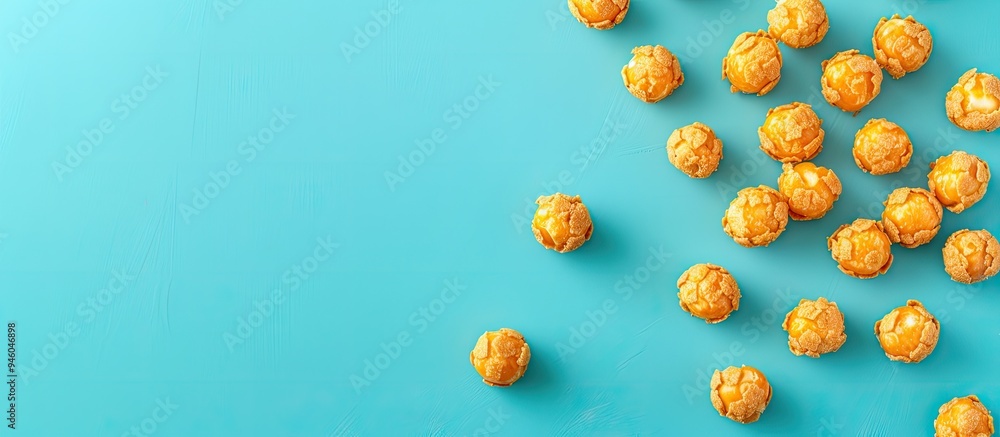 Poster corn sweet balls against a blue background with space for text quick breakfasts from a top view. cop