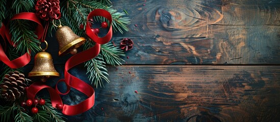 Christmas jingle bells with red and gold ribbon and a fir tree branch on a vintage wooden background Decoration for a Merry Christmas or Happy New Year greeting card Copy space