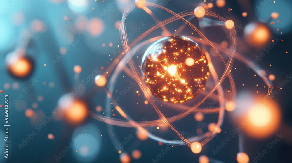 Poster visual breakdown of atomic isotopes during nuclear fission, highlighting particle interactions and e
