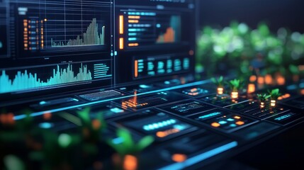 Futuristic Interface with Data Visualization and Green Plants