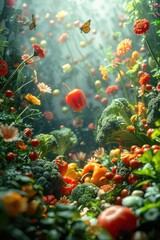 A vibrant and colorful garden overflowing with fresh produce, including broccoli, peppers, and tomatoes. Butterflies flutter among the greenery, creating a magical atmosphere