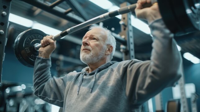 An older adult exercising at a gym lifting weights with determination and focus to maintain their strength and fitness