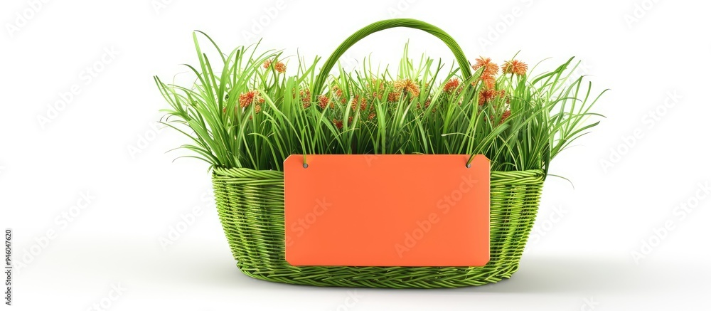 Poster bright green basket filled with spring grass featuring an orange blank garden sign isolated on white