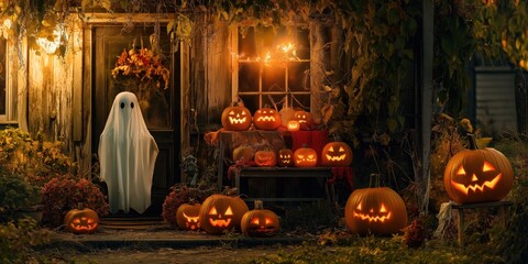 Obraz premium A spooky porch scene featuring glowing Jack-o'-Lanterns and a ghost figure, creating an eerie Halloween atmosphere at night.