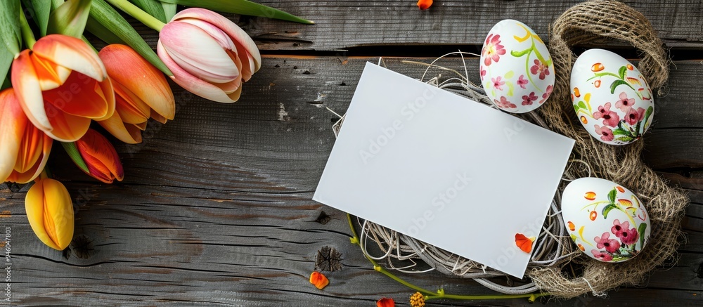 Poster easter eggs and flowers alongside a blank card on a wooden table. copy space image. place for adding