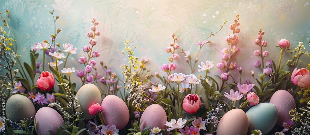 Poster Easter backdrop featuring Easter eggs and spring flowers. Copy space image. Place for adding text and design