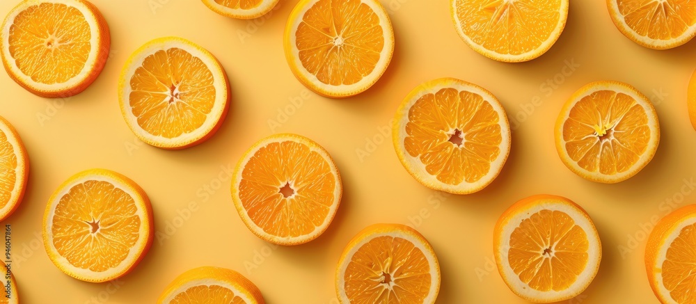 Poster fresh orange slices arranged in a fruit pattern against a yellow background top view copy space pop 