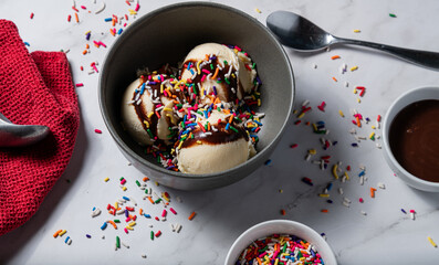 Vanilla Ice Cream in Bowl on Marble Countertop