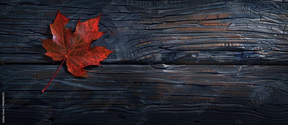 Poster autumn maple leaf on a dark wood table. copy space image. place for adding text and design