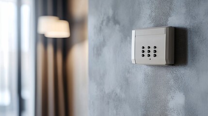 Professional Home Security Alarm System on Gray Wall Closeup