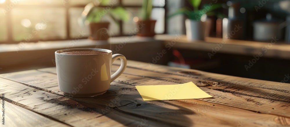 Aufkleber adhesive note and coffee on the desk sticker. copy space image. place for adding text and design