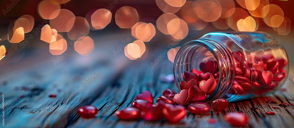 Poster a jar of heart shaped valentine s candy spilling onto a rustic wooden table with a heart bokeh backg