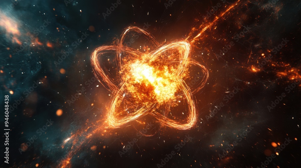 Poster energetic depiction of nuclear fission showing atomic particles splitting with glowing waves of radi