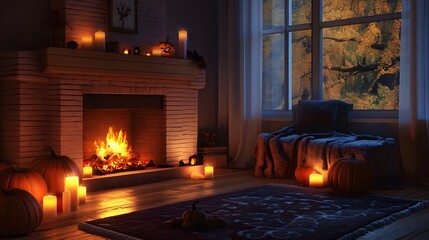 1 Cozy living room fireplace glowing embers flickering on hearth rug throw blanket pumpkins candles soft lighting