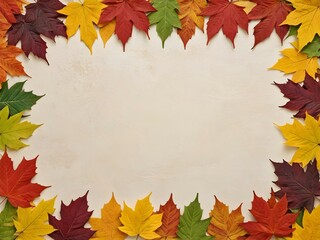 Plain color wall background with autumn leaves, forming a frame