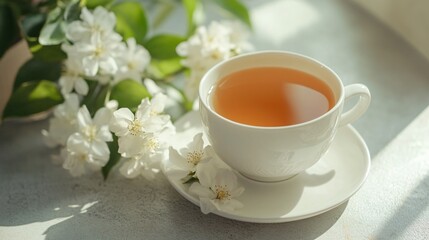 Jasmine Tea and Flowers on Light Grey Table