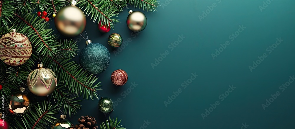 Aufkleber hanging christmas ornaments on a christmas tree. copy space image. place for adding text and design